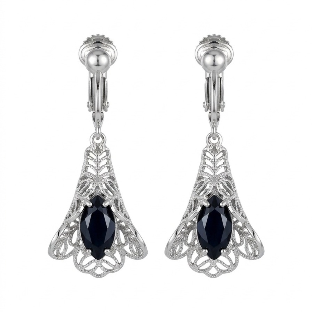 Signed Sarah Coventry Black Onyx Filigree Dangle Vintage Clip-On Earrings